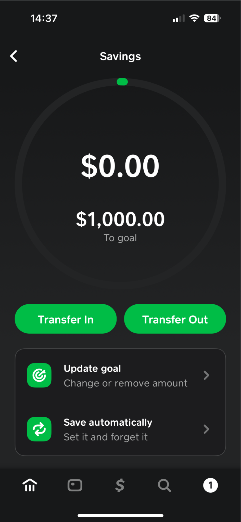 A dark mode interface from Cash App for a savings goal tracker screen showing 0.00 dollars saved toward a 1,000.00 dollar target. A circular progress ring with a green indicator sits at the top above two bright green buttons labeled Transfer In and Transfer Out. Below the buttons, options to Update goal and Save automatically are listed.
