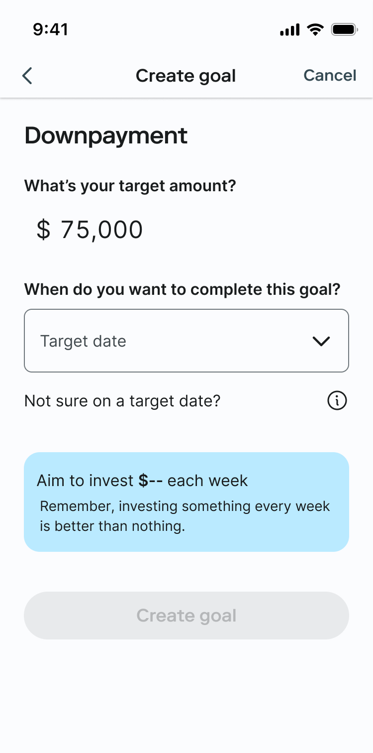 A mobile UI creation screen titled Create goal for a savings target named Downpayment. The target amount is set to 75,000 dollars with an open dropdown menu for Target date, accompanied by a light blue tip box suggesting weekly investment targets.