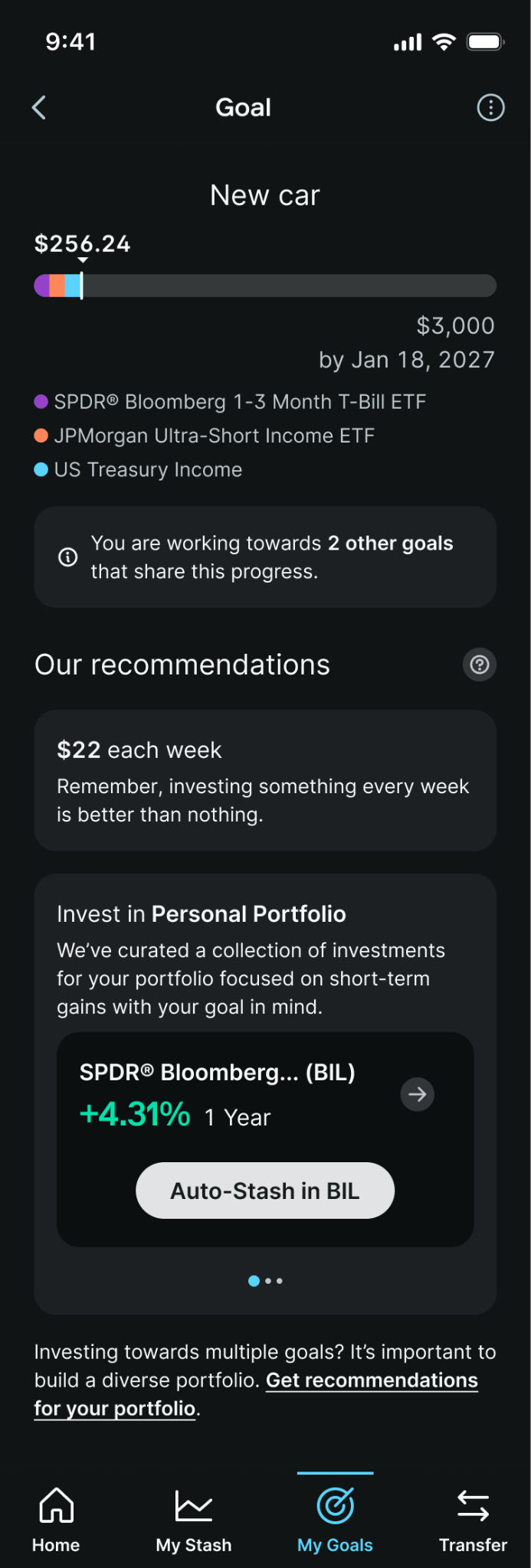 A dark mode mobile interface detailing a specific financial goal named New car, tracking a balance of 256.24 dollars toward a 3,000 dollar target by January 18, 2027. A multi-colored horizontal progress bar reflects allocations across SPDR Bloomberg 1-3 Month T-Bill ETF, JPMorgan Ultra-Short Income ETF, and US Treasury Income. Below an informational alert, a recommendations section suggests investing 22 dollars each week and provides a dedicated card to set up an Auto-Stash schedule directly into the SPDR Bloomberg asset.
