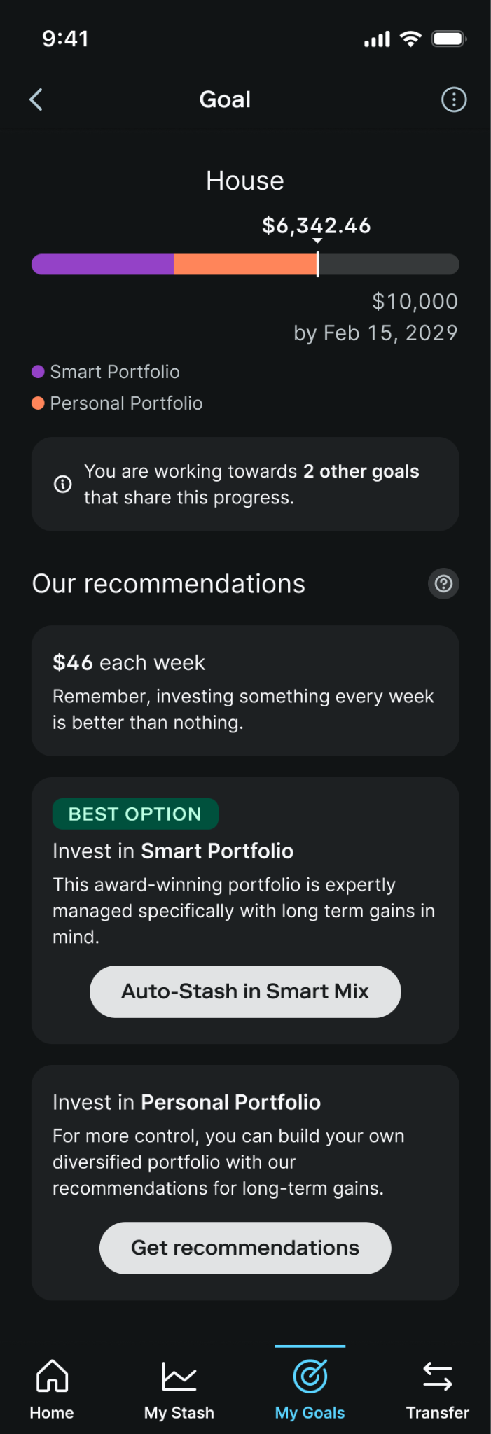 A dark mode mobile interface detailing a long-term goal named House, tracking a balance of 6,342.46 dollars toward a 10,000 dollar target by February 15, 2029. A segmented purple and orange progress bar represents funds split between a Smart Portfolio and a Personal Portfolio. Under the recommendations section, the app suggests investing 46 dollars each week and highlights an Auto-Stash in Smart Mix option labeled Best Option, followed by a secondary card to get personal portfolio recommendations.