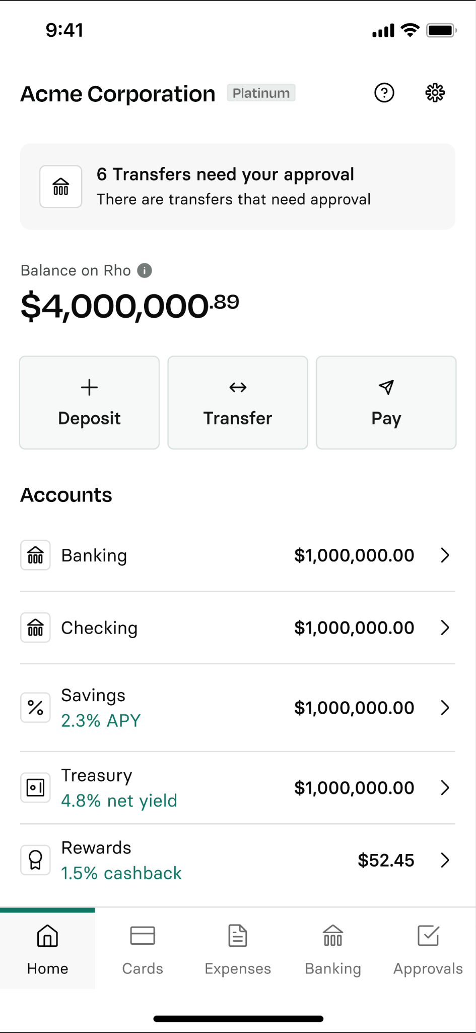 A comprehensive mobile banking application dashboard for Acme Corporation. The interface displays a large main account balance of 4,000,000.89 dollars above three functional action buttons labeled Deposit, Transfer, and Pay. Below the actions, an Accounts list breaks down the total into specific balances of 1,000,000.00 dollars each for Banking, Checking, Savings featuring a 2.3 percent APY, and Treasury featuring a 4.8 percent net yield, plus a Rewards category showing 52.45 dollars.