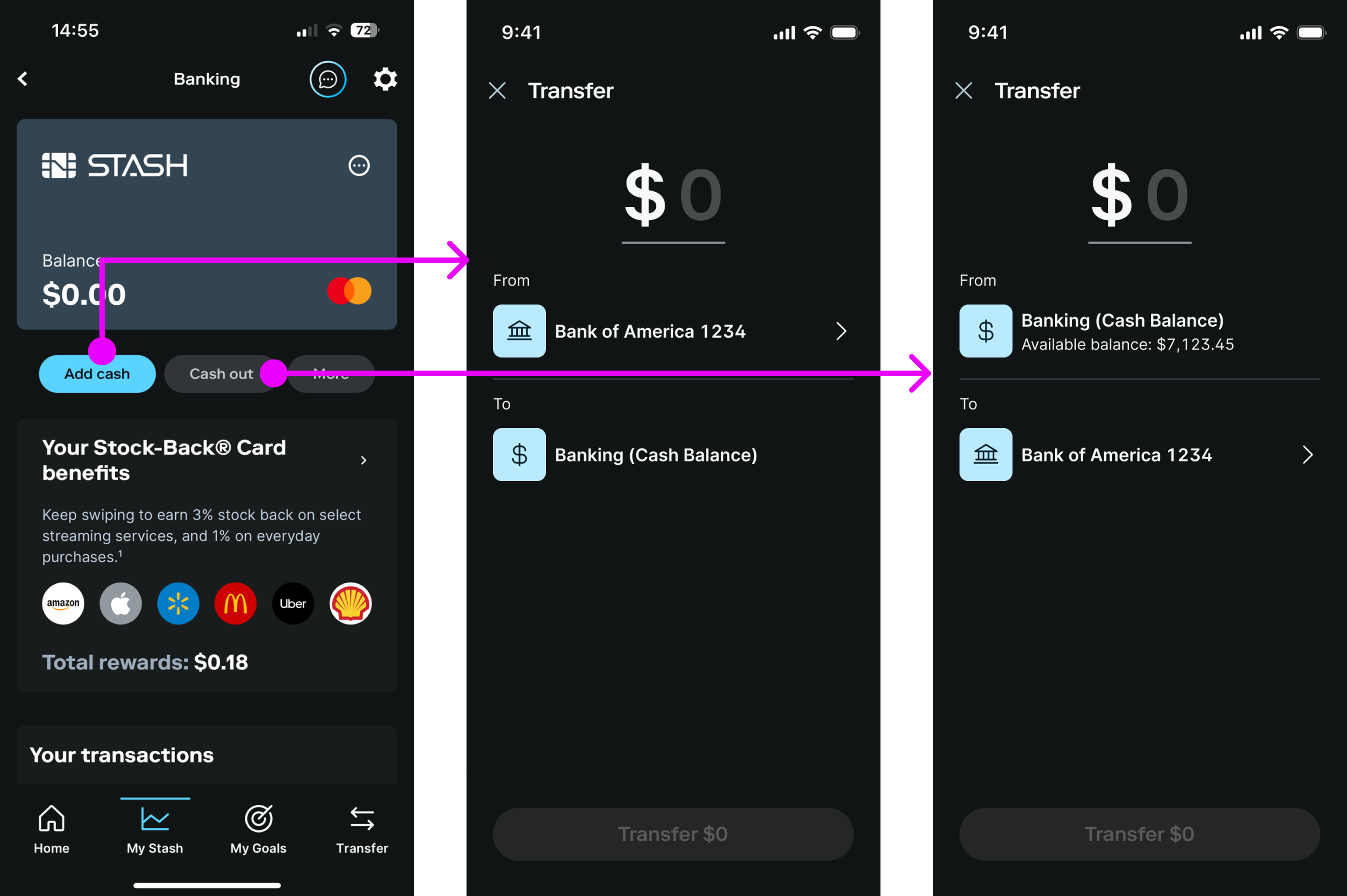 A side-by-side user interface comparison split by a central blue arrow showing a design iteration of a From account selection list. The original interface on the left categorizes selections with descriptive labels like External Bank, Visa, Cash Balance, Personal Portfolio, and Smart Portfolio, while the redesigned version on the right streamlines the terminology to list explicit asset types such as Banking Cash Balance, Personal Portfolio Cash, and Smart Portfolio alongside real-time available balances.