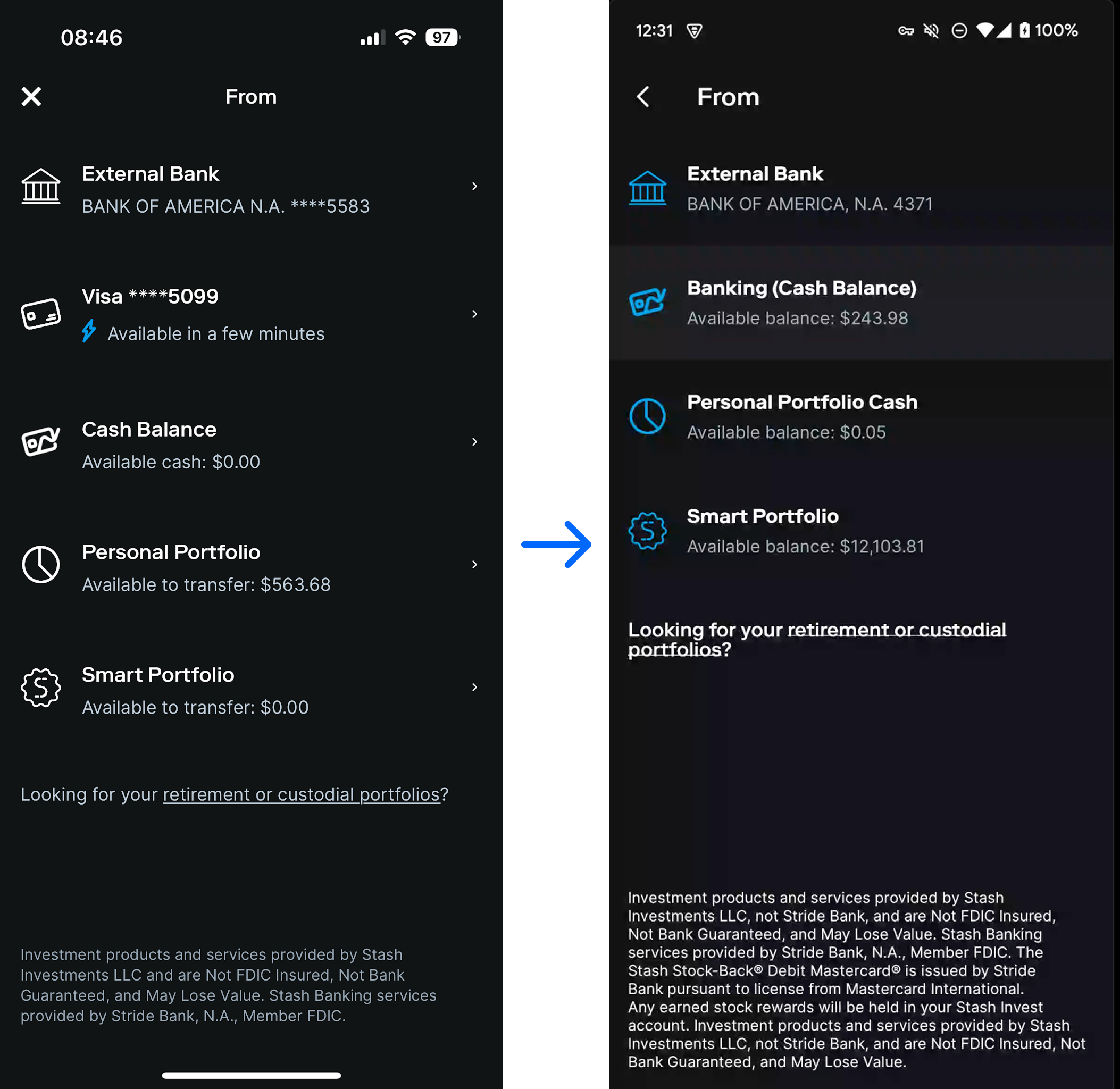 A series of three dark mode mobile app screens detailing a Stash banking user flow. The first screen highlights a balance card with Add cash and Cash out buttons, with pink interactive arrows mapping out how tapping Add cash links to a second screen transferring funds from Bank of America to Banking Cash Balance, and tapping Cash out maps to a third screen reversing the transfer from Banking Cash Balance back to Bank of America.